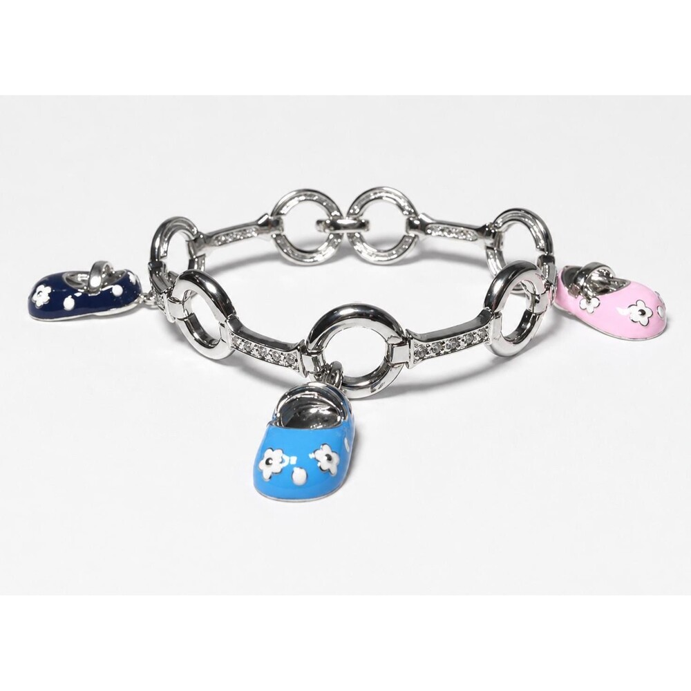Sterling Silver CZ Cubic Zirconia and Enamel Baby Shoe Bracelet 6.5 Inches